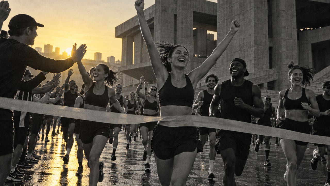 Runners crossing a finish line at sunrise during an Event Dept. production